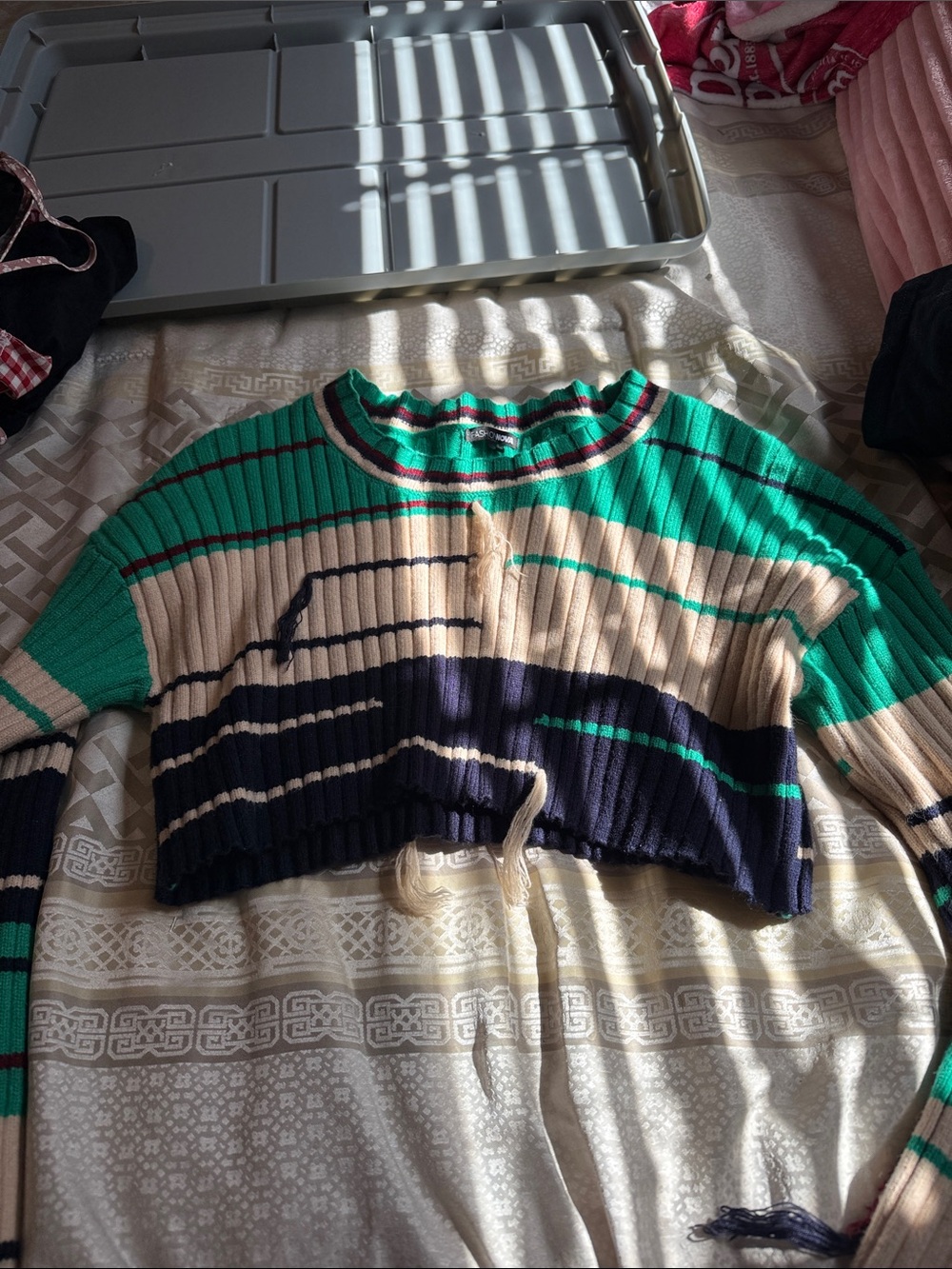 Fashion Nova Striped Cropped Knit Jacket in Green, Navy & Cream